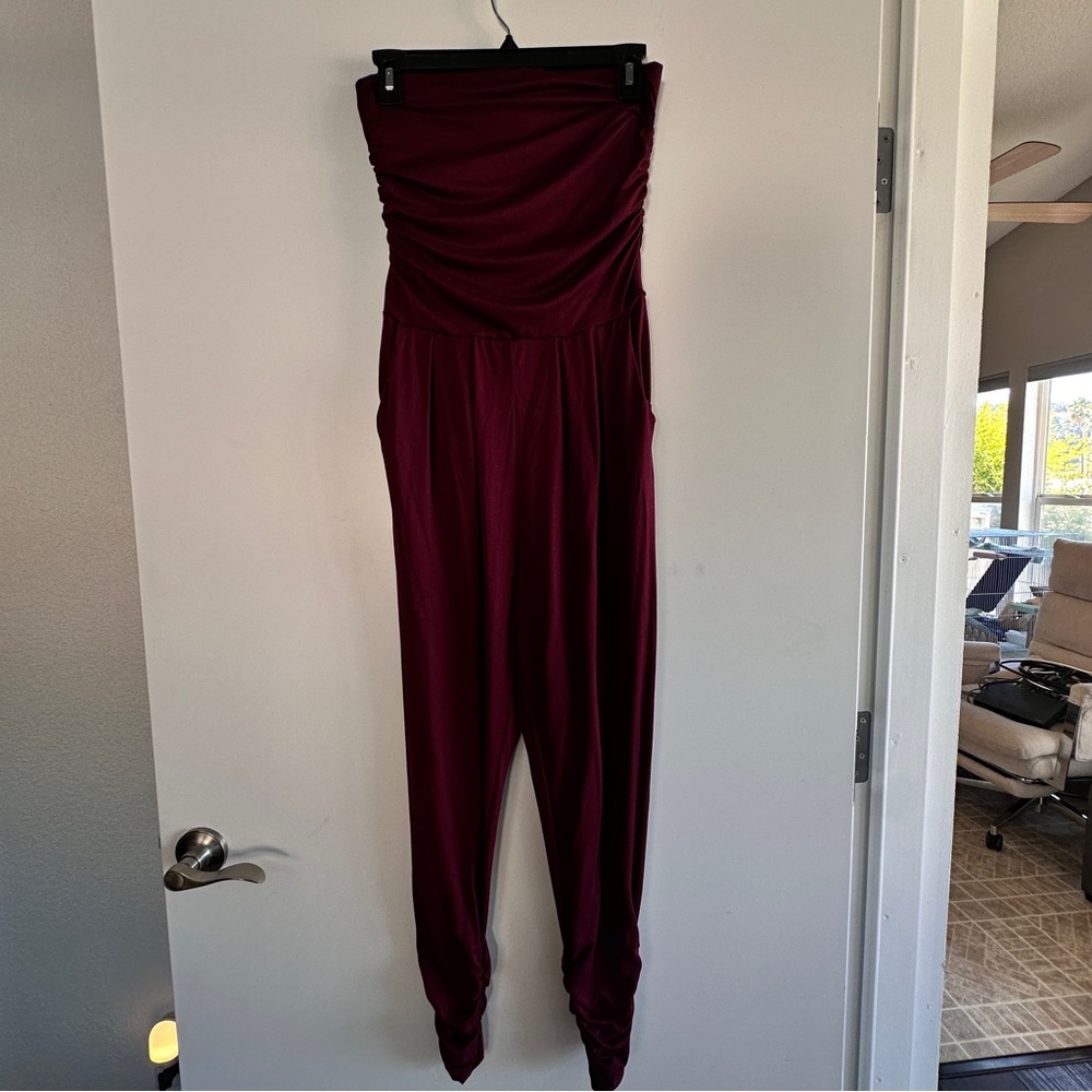 Chic Strapless Burgundy Jumpsuit w/ pockets